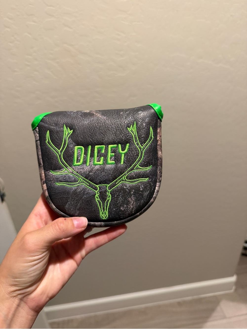DICEY Black Leatherette Putter Cover with Neon Green Embroidery